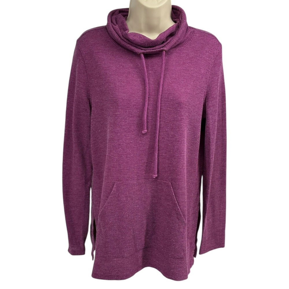 Lilla P Purple Cowl Neck Tunic Hoodie Sweatshirt Kangaroo Pocket L Waffle‎ Knit